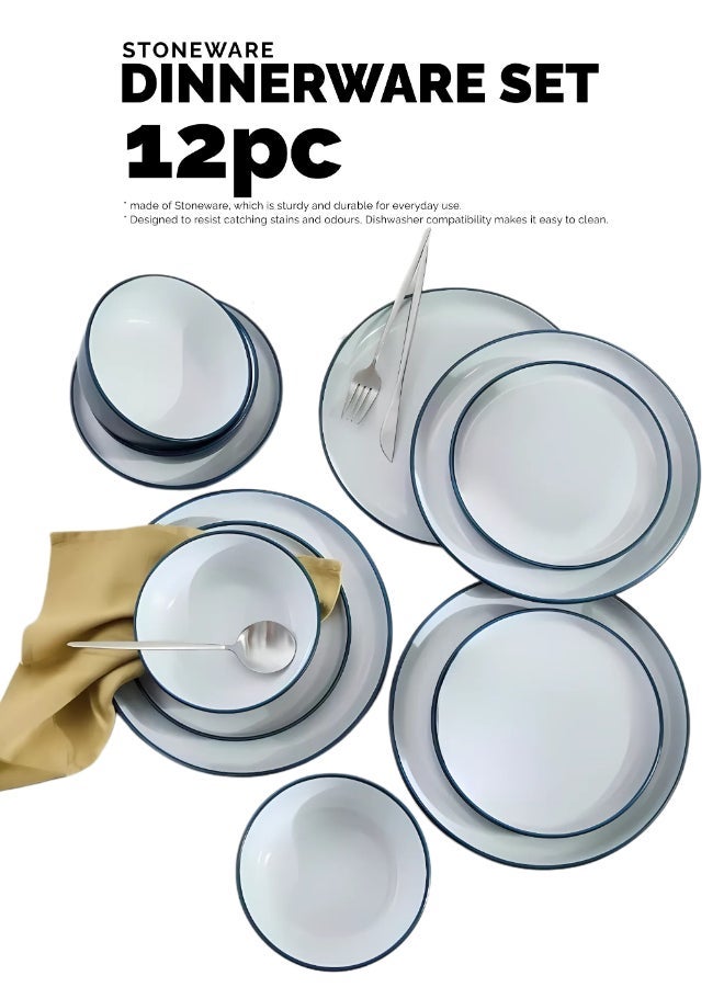 Feelings 12-Piece Stoneware Dinner Set includes 4 x 10.5" Dinner Plate , 4 x 8" Salad Plate , 4 x 6" Bowl, Serves 4, Blue/White - Image 3